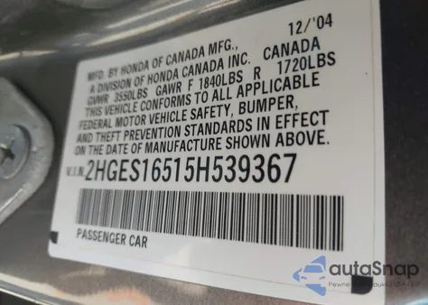 2005 Honda Civic Lx from USA, damaged, VIN 2HGES16515H539367